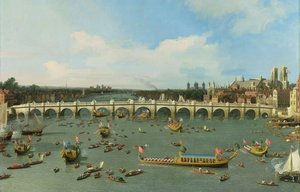 Pont de Westminster, Londres, avec la procession du Lord Maire sur la Tamise (détail)